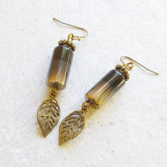 Ombre Black Gold Bronze! Graduated Color Leaf Dangle Earrings! Distinctive Flair - Picture 1 of 7